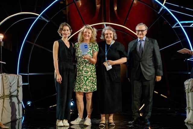 Drama and Entertainment category award accepted by (L-R) actor Sorcha Groundsell (who plays lead Kat Crighton in An t-Eilean), Black Camel Pictures’ Arabella Page Croft, and MG ALBA director of content, Margaret Cameron