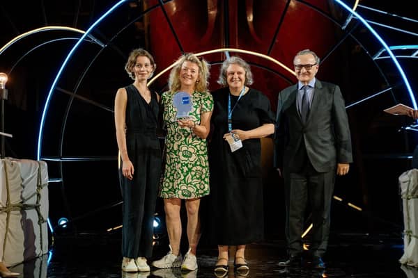 Drama and Entertainment category award accepted by (L-R) actor Sorcha Groundsell (who plays lead Kat Crighton in An t-Eilean), Black Camel Pictures’ Arabella Page Croft, and MG ALBA director of content, Margaret Cameron
