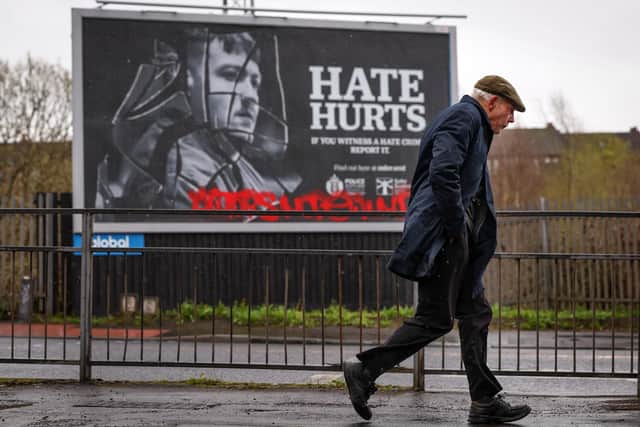 A 'Hate Hurts' billboard in Glasgow (Photo by Jeff J Mitchell/Getty Images)