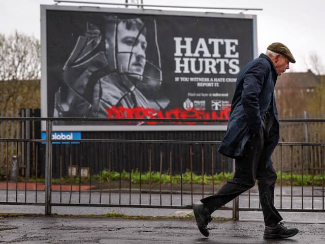 A 'Hate Hurts' billboard in Glasgow (Photo by Jeff J Mitchell/Getty Images)