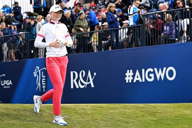 Louise Duncan walks off the first tee in the third round of the AIG Women's Open. Picture: Octavio Passos/Getty Images.