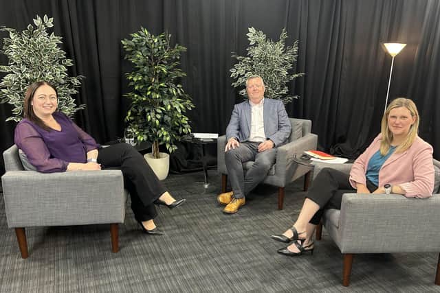 Lynne Walker with podcast hosts Martin Osler and Jude Lean