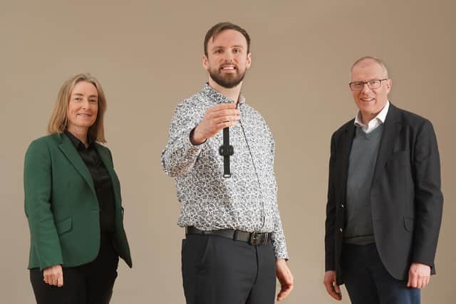 Ana Stewart (Eos), Peter Forbes, who has Tourette's Syndrome and participated in last year's clinical trials, and Paul Cable (Neupulse). Picture: Stewart Attwood