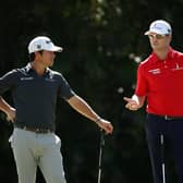 Brian Harman and Zach Johnson chat during the 2018 Sony Open In Hawaii at Waialae Country Club in Honolulu, Hawaii. Picture: Gregory Shamus/Getty Images.