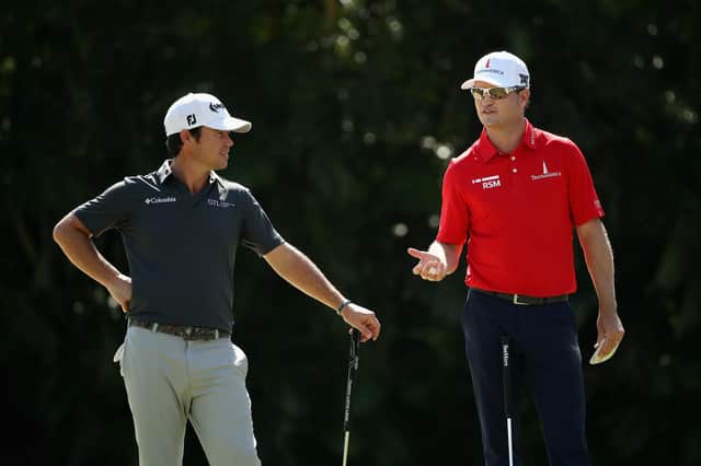 Brian Harman and Zach Johnson chat during the 2018 Sony Open In Hawaii at Waialae Country Club in Honolulu, Hawaii. Picture: Gregory Shamus/Getty Images.