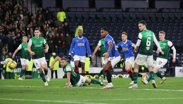 Scott Arfield pulls a goal back for Rangers in the Premier Sports Cup semi-final against Hibs at Hampden. (Photo by Alan Harvey / SNS Group)