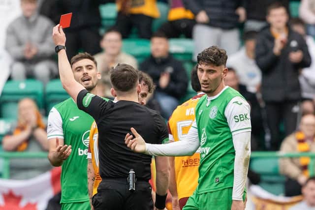 Hibs midfielder Nectar Triantis is sent off after being shown a second yellow card during the match against Motherwell. (Photo by Alan Harvey / SNS Group)