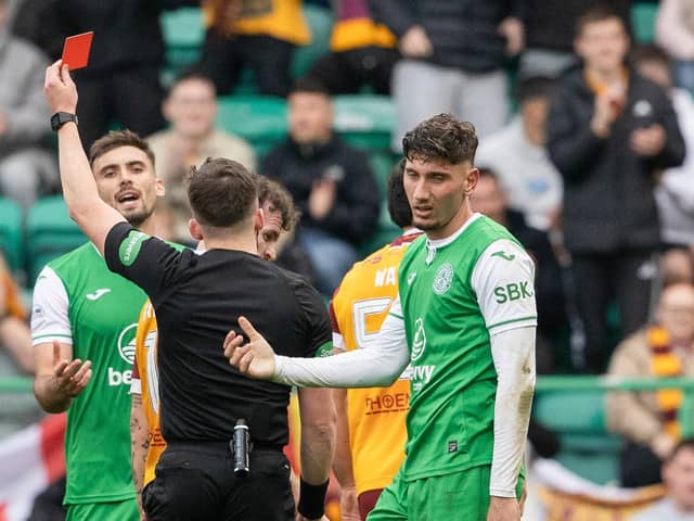 Hibs midfielder Nectar Triantis is sent off after being shown a second yellow card during the match against Motherwell. (Photo by Alan Harvey / SNS Group)