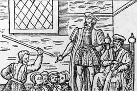 A group of supposed witches being beaten in front of King James I (King James VI of Scotland) around 1610