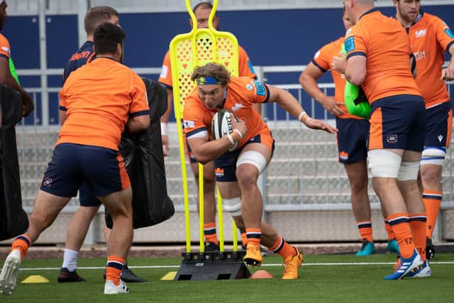 Jamie Ritchie on the charge during Edinburgh Rugby's open training session at their new stadium. Picture: Paul Devlin/SNS