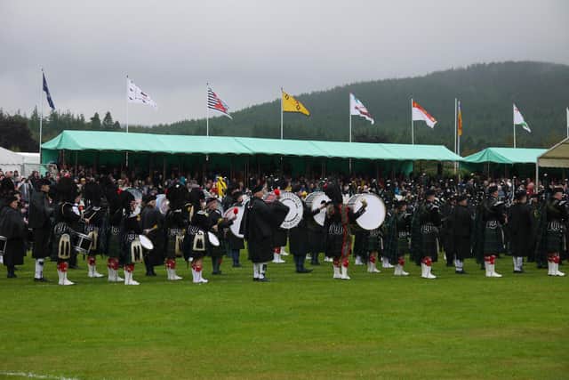 The damp weather did little to deter the mass pipe bands and onlookers at the 157th Aboyne Games on Saturday