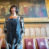 Ai-Da Robot poses for pictures before making history as the first robot to speak at the House of Lords (Picture: Stefan Rousseau/PA Wire)
