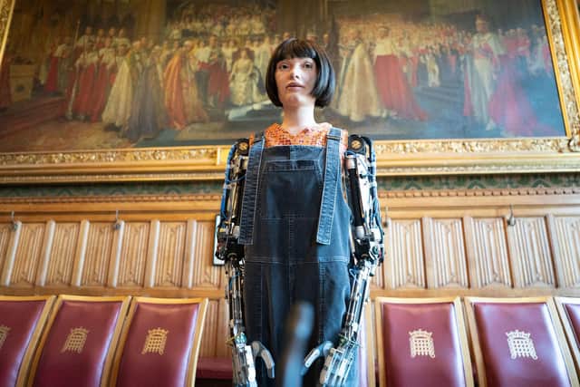 Ai-Da Robot poses for pictures before making history as the first robot to speak at the House of Lords (Picture: Stefan Rousseau/PA Wire)