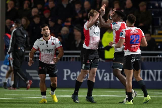 The Lions celebrate a big win over Edinburgh at the DAM Health Stadium.