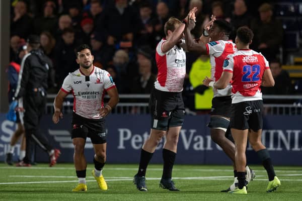 The Lions celebrate a big win over Edinburgh at the DAM Health Stadium.