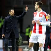 Rangers manager Giovanni van Bronckhorst makes his point during the first leg of the Europa League last 16 tie against Red Star Belgrade at Ibrox. (Photo by Alan Harvey / SNS Group)