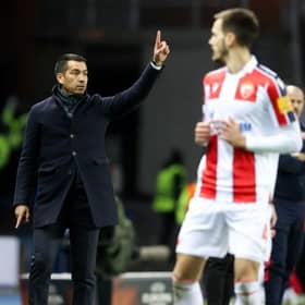 Rangers manager Giovanni van Bronckhorst makes his point during the first leg of the Europa League last 16 tie against Red Star Belgrade at Ibrox. (Photo by Alan Harvey / SNS Group)