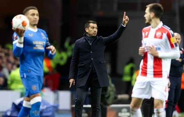 Rangers manager Giovanni van Bronckhorst makes his point during the first leg of the Europa League last 16 tie against Red Star Belgrade at Ibrox. (Photo by Alan Harvey / SNS Group)