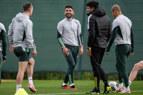 Greg Taylor is all smiles during a Celtic training session.