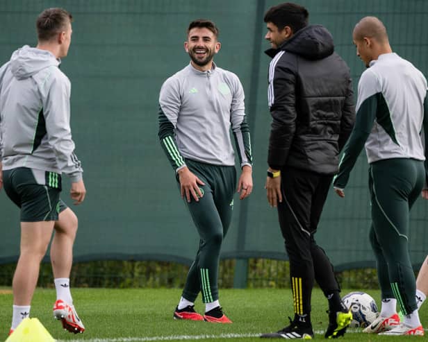 Greg Taylor is all smiles during a Celtic training session.