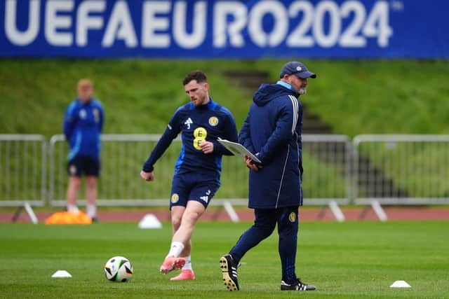Andy Robertson trains with Scotland, watched by head coach Steve Clarke, at Stadion am Groben in Garmisch-Partenkirchen, Germany. Pic: Andrew Milligan/PA Wire.