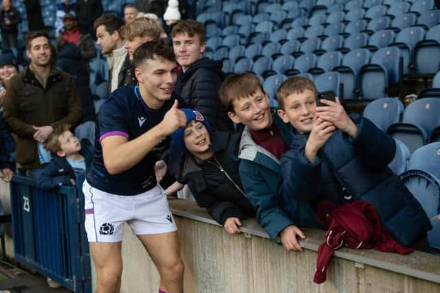 Jamie Dobie greets fans at full time between Scotland and Tonga at BT Murrayfield, on October 30, 2021. (Photo by Ross Parker / SNS Group)
