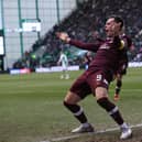 Lawrence Shankland celebrates scoring his 20th goal of the season to make  it 2-0 against Hibs in Hearts' Scottish Cup win last weekend. He is the first Hearts player since John Robertson in 1991-92 to reach that figure in a season.    (Photo by Craig Williamson / SNS Group)