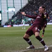 Lawrence Shankland celebrates scoring his 20th goal of the season to make  it 2-0 against Hibs in Hearts' Scottish Cup win last weekend. He is the first Hearts player since John Robertson in 1991-92 to reach that figure in a season.    (Photo by Craig Williamson / SNS Group)