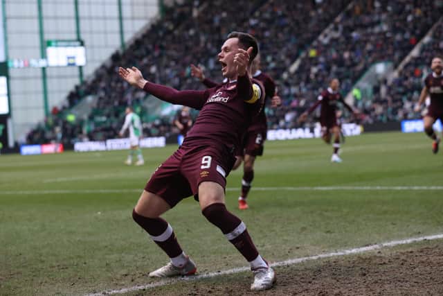 Lawrence Shankland celebrates scoring his 20th goal of the season to make  it 2-0 against Hibs in Hearts' Scottish Cup win last weekend. He is the first Hearts player since John Robertson in 1991-92 to reach that figure in a season.    (Photo by Craig Williamson / SNS Group)