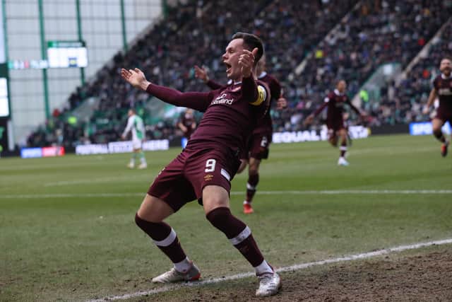 Lawrence Shankland celebrates scoring his 20th goal of the season to make it 2-0 against Hibs in Hearts' Scottish Cup win last weekend. He is the first Hearts player since John Robertson in 1991-92 to reach that figure in a season. (Photo by Craig Williamson / SNS Group)