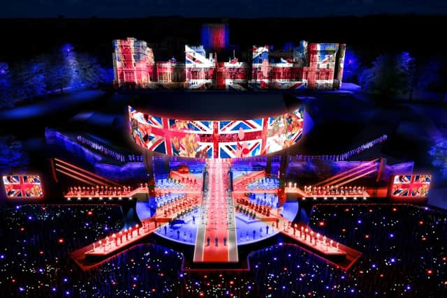 A BBC handout CGI of a representation of the staging for the forthcoming Coronation Concert which will be broadcast live from the grounds of Windsor Castle on BBC One, BBC iPlayer, BBC Radio 2 and BBC Sounds on Sunday May 7 from 8pm.