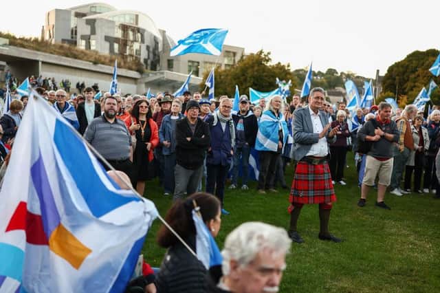 Supporters of Indyref2 attend a rally arranged by Believe in Scotland outside the Scottish Parliament on 18 September (Picture: Jeff J Mitchell/Getty Images)