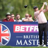 Richie Ramsay  tees off on the 18th hole during the second round of the Betfred British Masters hosted by Danny Willett at The Belfry. Picture: Richard Heathcote/Getty Images.