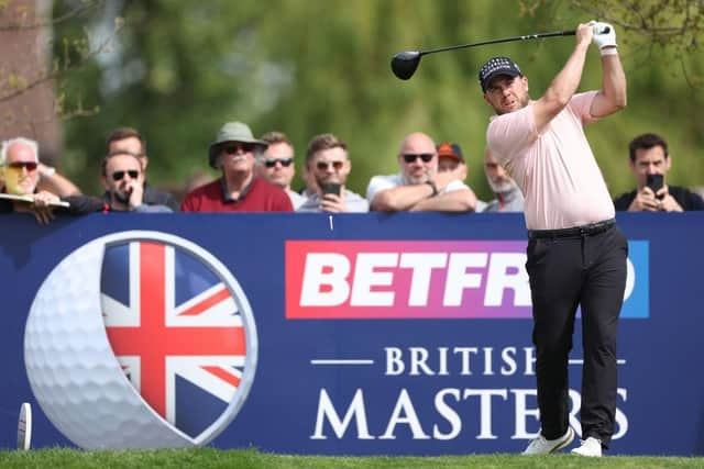 Richie Ramsay  tees off on the 18th hole during the second round of the Betfred British Masters hosted by Danny Willett at The Belfry. Picture: Richard Heathcote/Getty Images.