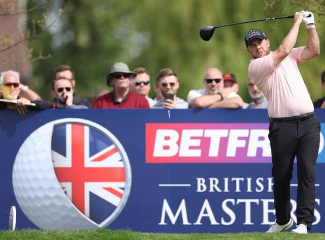 Richie Ramsay  tees off on the 18th hole during the second round of the Betfred British Masters hosted by Danny Willett at The Belfry. Picture: Richard Heathcote/Getty Images.