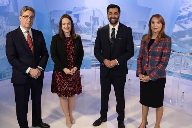 STV's Political Editor Colin Mackay with the three SNP leadership candidates - Kate Forbes, Humza Yousaf and Ash Regan