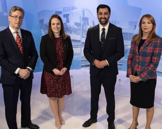 STV's Political Editor Colin Mackay with the three SNP leadership candidates - Kate Forbes, Humza Yousaf and Ash Regan