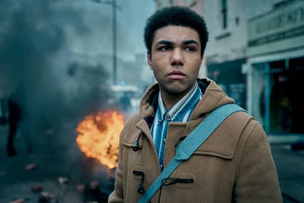 Levi Brown as Dante Williams, the duffle-coated poet of This Town. Picture: Robert Viglasky/BBC