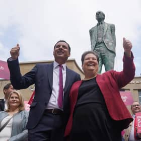 Scottish Labour leader Anas Sarwar alongside deputy leader Jackie Baillie next to the Donald Dewar statue in Glasgow (Photo by Andrew Milligan/PA Wire)