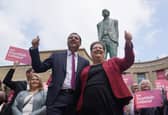 Scottish Labour leader Anas Sarwar alongside deputy leader Jackie Baillie next to the Donald Dewar statue in Glasgow (Photo by Andrew Milligan/PA Wire)