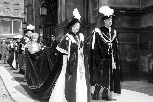 Queen Elizabeth II and Prince Philip at the Knights of the Thistle installation ceremony at St Giles Cathedral, Edinburgh, in June 1966.