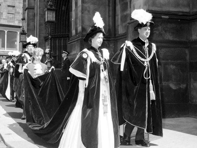 Queen Elizabeth II and Prince Philip at the Knights of the Thistle installation ceremony at St Giles Cathedral, Edinburgh, in June 1966.