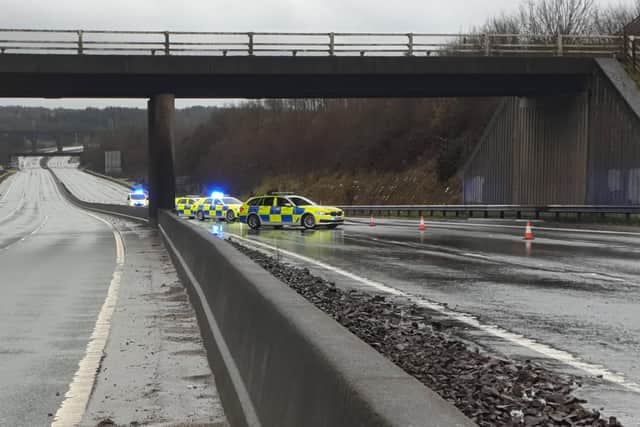 A number of police vehicles at a serious crash on the M80 at Haggs in Falkirk on Saturday (Photo: Road Policing Scotland).