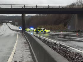A number of police vehicles at a serious crash on the M80 at Haggs in Falkirk on Saturday (Photo: Road Policing Scotland).