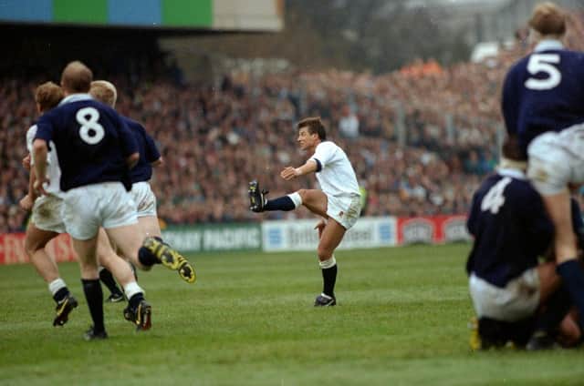Rob Andrew of England kicks the winning drop goal against Scotland in the Rugby World Cup semi-final at Murrayfield.