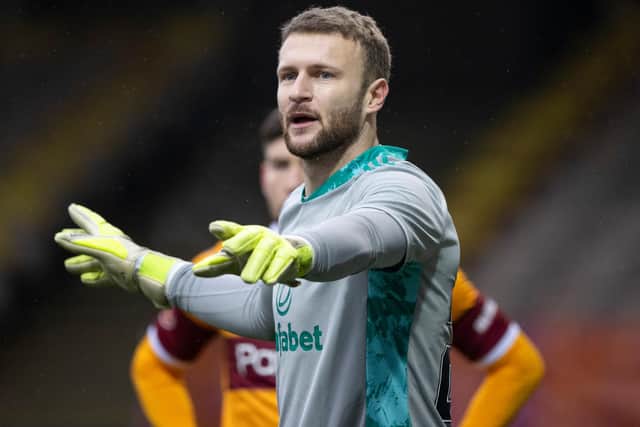 Celtic goalkeeper Scott Bain marshalls his defence during the 4-1 win at Motherwell (Photo by Craig Williamson / SNS Group)