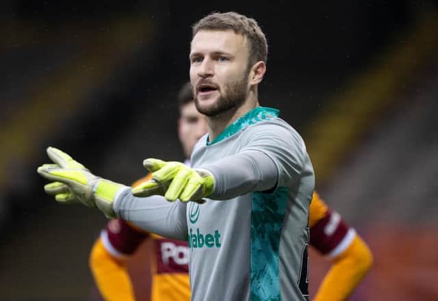 Celtic goalkeeper Scott Bain marshalls his defence during the 4-1 win at Motherwell (Photo by Craig Williamson / SNS Group)