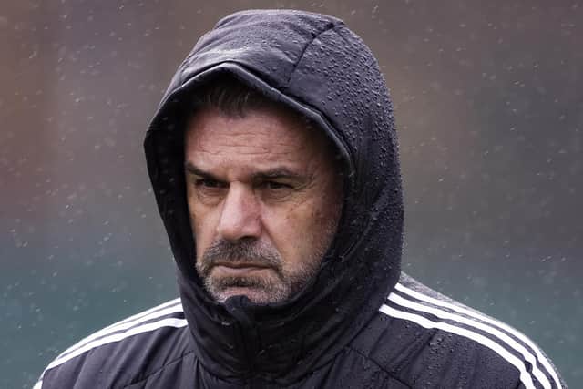 Celtic manager Ange Postecoglou in the rain during training at Lennoxtown yesterday (Photo by Alan Harvey / SNS Group)