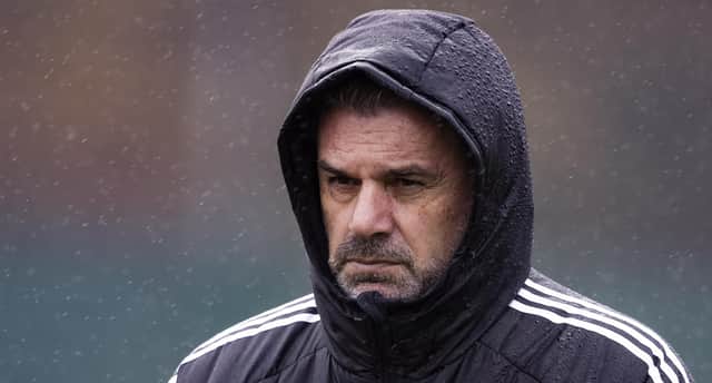 Celtic manager Ange Postecoglou in the rain during training at Lennoxtown yesterday (Photo by Alan Harvey / SNS Group)