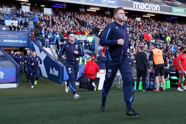 Jamie Hodgson runs out ahead of his Scotland debut against Tonga. (Photo by Craig Williamson / SNS Group)